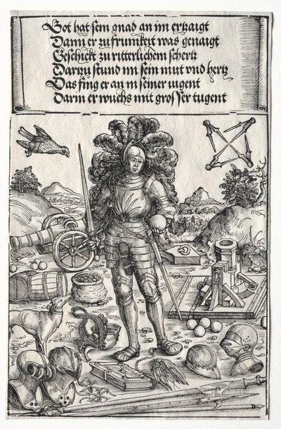 The Triumphal Arch of Maximilian I: Keiser Maximilian som beskytter av forbedringer i artilleri og rustning av Wolf Traut