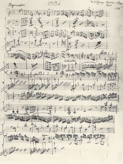 Begynnelsen på pianosonaten i a-moll. KV310. Autograf. 1778 av Wolfgang Amadeus Mozart