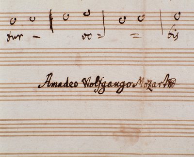 Detalj av komponistens signatur på notesiden til Querite primum regnum dei av Mozart for å oppnå tittelen Accademico filarmonico (1770) av Wolfgang Amadeus Mozart