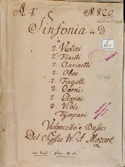 Første side med noteark til Symfoni nr. 4 i D, av Mozart av Wolfgang Amadeus Mozart