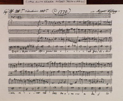 Noterside for Querite primum regnum dei av Mozart for å få tittelen Accademia Filarmonico, korrigert versjon av far Martini (1770) av Wolfgang Amadeus Mozart