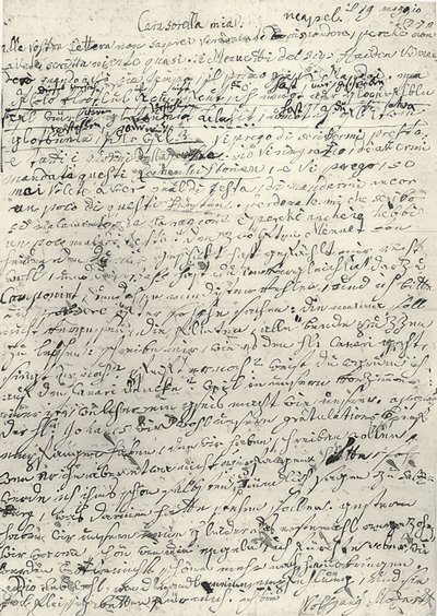 Wolfgang Amadeus Mozart (1756-1791) østerriksk komponist. Håndskrevet brev til søsteren Nannerl. Napoli 19. mars 1770 av Wolfgang Amadeus Mozart