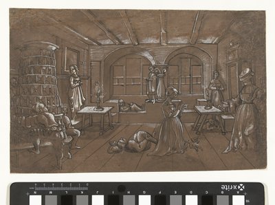 Interiør hvor åtte barn leker blind mann av Wolfgang Huber (school of)