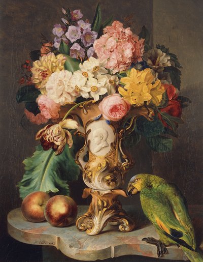 Et stilleben med en vase med diverse blomster, fersken og en papegøye på en marmorhylle, 1843 av Wolfgang Küss