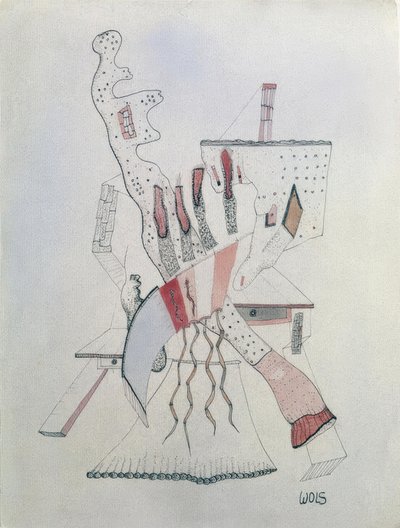 Karakter som lener seg på to bord av Wols