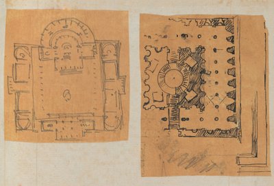 Side fra en utklippsbok som inneholder tegninger og flere utskrifter av arkitektur, Int..., ca. 1800-1850. Skapere: Workshop av Charles Percier, Workshop av Pierre François Léonard Fontaine. av Workshop of Charles Percier, Workshop of Pierre
