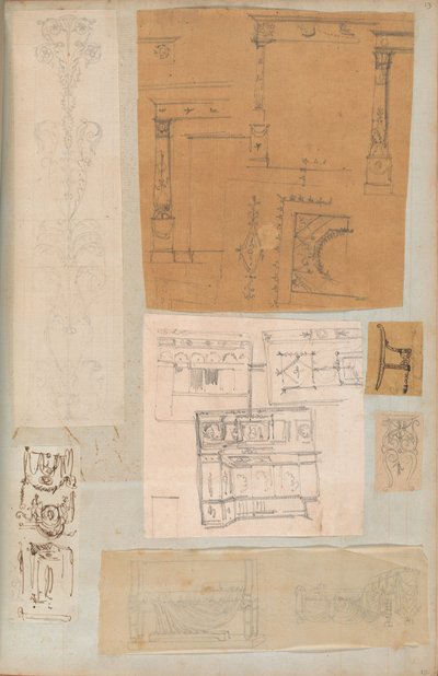 Side fra en utklippsbok som inneholder tegninger og flere utskrifter av arkitektur, Int..., ca. 1800-1850. Skapere: Workshop av Charles Percier, Workshop av Pierre François Léonard Fontaine. av Workshop of Charles Percier, Workshop of Pierre