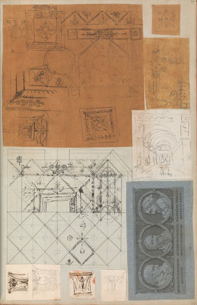 Side fra en utklippsbok som inneholder tegninger og flere utskrifter av arkitektur, Int..., ca. 1800-1850. Skapere: Workshop av Charles Percier, Workshop av Pierre François Léonard Fontaine. av Workshop of Charles Percier, Workshop of Pierre
