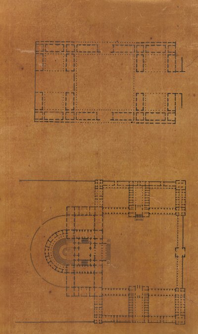 Side fra en utklippsbok som inneholder tegninger og flere utskrifter av arkitektur, Int..., ca. 1800-1850. Skapere: Workshop av Charles Percier, Workshop av Pierre François Léonard Fontaine. av Workshop of Charles Percier, Workshop of Pierre