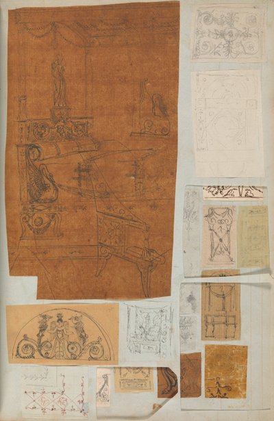 Side fra en utklippsbok som inneholder tegninger og flere utskrifter av arkitektur, Int..., ca. 1800-1850. Skapere: Workshop av Charles Percier, Workshop av Pierre François Léonard Fontaine. av Workshop of Charles Percier, Workshop of Pierre