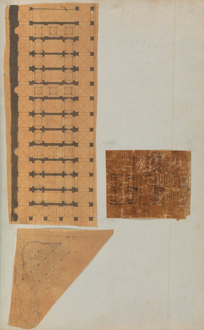 Side fra en utklippsbok som inneholder tegninger og flere utskrifter av arkitektur, Int..., ca. 1800-1850. Skapere: Workshop av Charles Percier, Workshop av Pierre François Léonard Fontaine. av Workshop of Charles Percier, Workshop of Pierre