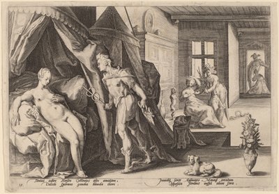 Mercury kommer inn i Herses rom etter å ha endret Agraulos til stein av Workshop of Hendrick Goltizus, after Hendrick Goltzius