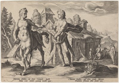Apollo gir Chiron utdannelsen til Asclepius av Workshop of Hendrick Goltzius, after Hendrick Goltzius