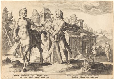 Apollo gir Chiron utdannelsen til Asclepius av Workshop of Hendrick Goltzius, after Hendrick Goltzius