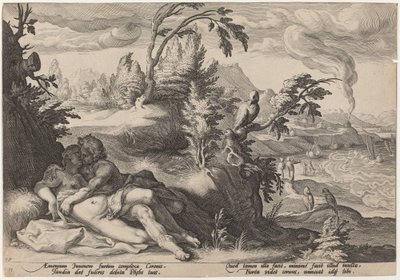 Apollo og Coronis av Workshop of Hendrick Goltzius, after Hendrick Goltzius