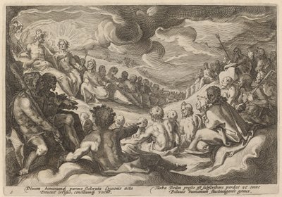 Jupiter tar råd fra gudene om ødeleggelsen av universet av Workshop of Hendrick Goltzius, after Hendrick Goltzius