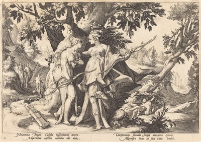 Jupiter i forkledningen til Diana forfører Callisto av Workshop of Hendrick Goltzius, after Hendrick Goltzius