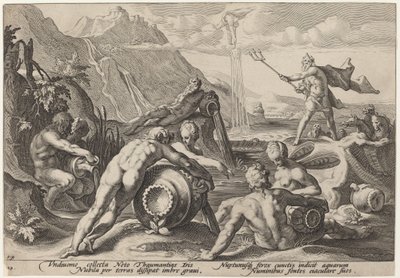 Neptun planlegger menneskets ødeleggelse av Workshop of Hendrick Goltzius, after Hendrick Goltzius