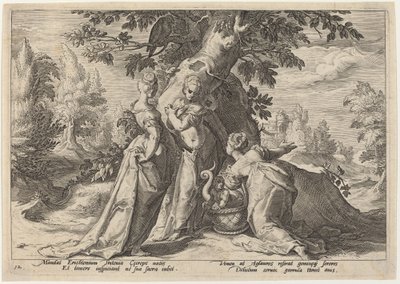 The Daughters of Cecrops åpner kisten som er betrodd dem av Minerva av Workshop of Hendrick Goltzius, after Hendrick Goltzius