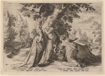 The Daughters of Cecrops åpner kisten som er betrodd dem av Minerva av Workshop of Hendrick Goltzius, after Hendrick Goltzius