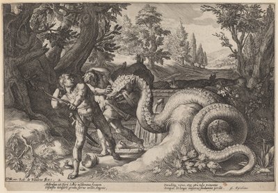 Dragen som sluker følgesvennene til Cadmus av Workshop of Hendrick Goltzius, after Hendrick Goltzius