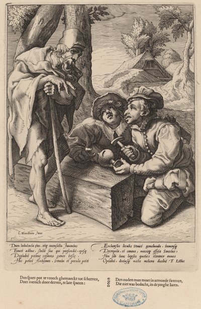 Ikke bruk sparepengene dine for tidlig av Workshop of Hendrick Goltzius, after Karel van Mander I
