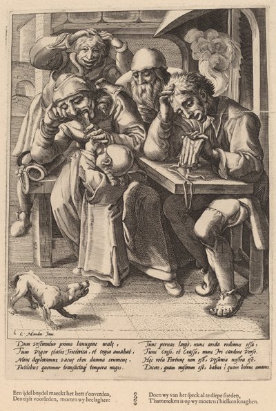 Når vesken din er tom, spiser du bein, ikke bacon av Workshop of Hendrick Goltzius, after Karel van Mander I