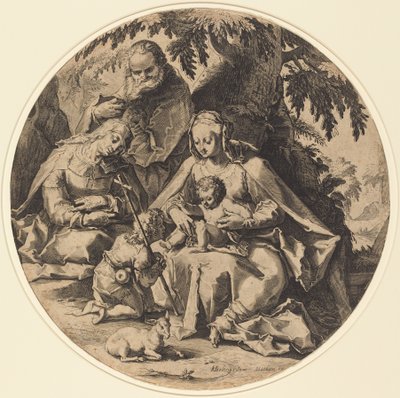 Den hellige familie med Saint Elizabeth og Saint John the Baptist av Workshop of Jacob Matham, after Hendrik Goltzius