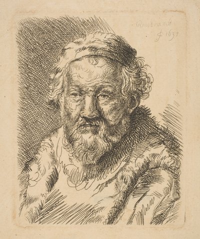 Byste av en gammel mann i frakk og pelskrage kopi.n.d. av Workshop of Rembrandt
