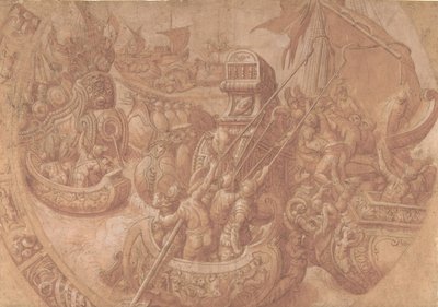 Sjøslaget i Morbihan-bukten, 1500-tallet. av Workshop of Taddeo Zuccaro.