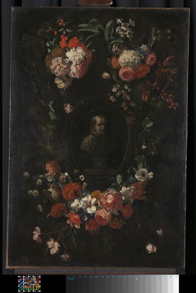Feigned skulpturert byste av den salige Hieronymus Werdanus satt i en falsk steinkartouche, dekorert med en bylt og to blomsterklatter av Wouter Gysaerts