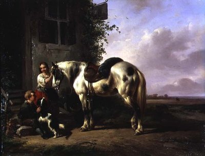 Eksteriør av et vertshus med ung jente, gutt, hund, hest av Wouterus Verschuur