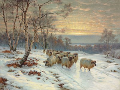 En hyrde med flokken sin i et vinterlandskap av Wright Barker