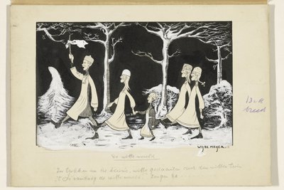 Henk, Anne, Hans, Noor og Elly marsjerer gjennom snøen av Wybo Meijer (signed by artist)