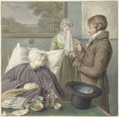 Legen besøker en syk gammel kvinne i sengen av Wybrand Hendriks (attributed to)