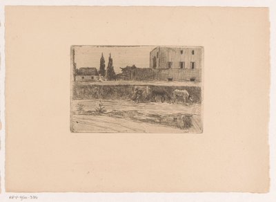 Landskap med bygninger og en figur i arbeid av Xavier Mellery (attributed to)