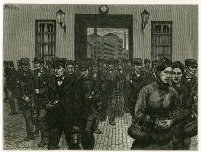 En fabrikkutgang i Gent. Gravering av X. Mellery, etter naturen, for å illustrere historien "" Belgia", i 1888, av Camille Lemonnier (1844-1913), kunstkritiker og forfatter. Publisert i Tour du monde, 2. semester 1883, redigert av Edouard Charton (1807-189 av Xavier Mellery
