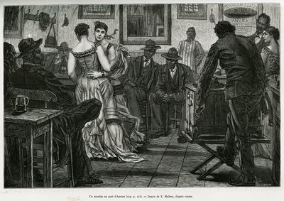 En musico ved havnen i Antwerpen, hvor sjømenn kan drikke og danse til lyden av det stikkende orgelet. Gravering av X.Mellery, for å illustrere historien om Belgia, av Camille Lemonnier, publisert i Tour du monde, redigert av Edouard Charton (1807-1890) av Xavier Mellery