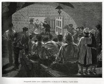 Cellar a Polichinelles, en kjeller designet for dukketeater. Gravering av X.Mellery, for å illustrere historien om Belgia, av Camille Lemonnier, publisert i Tour du monde, redigert av Edouard Charton (1807-1890) av Xavier Mellery