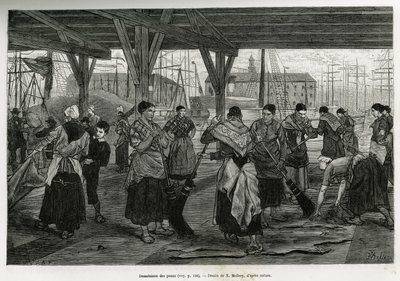 Avsalting av skinnene, ved at kvinner skraper restene av beistene strukket under strukturene til hallene i havnen i Antwerpen. Gravering av X.Mellery, for å illustrere historien om Belgia, av Camille Lemonnier, publisert i Tour du monde, rediger av Xavier Mellery