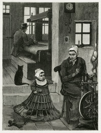 Interiør i boligen og veververkstedet, med veveren og hjulet, samt et barn iført fletteskjørt som hjelper ham til å ta sine første skritt. Gravering av X.Mellery, for å illustrere historien ""La Belgique"", av Camille Lemonnier (1844-19) av Xavier Mellery