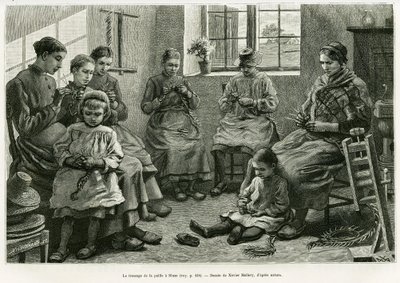 Flettingen av halm har Sluze. Gravering av Xavier Mellery for å illustrere historien La Belgique, av Camille Lemonnier, i le tour du monde 1886, regissert av Edouard Charton (1807-1890), Hachette, Paris. av Xavier Mellery