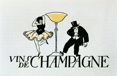 Reklamevignett for champagneviner som representerer et par som danser rundt en kopp, 1900-tallet (plakat) av Xavier Nogues