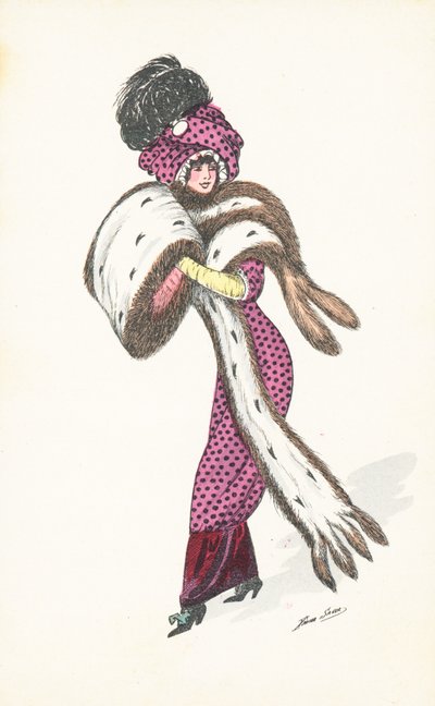 Elegant parisisk kvinne, med lang pelsstol (chromolitho) av Xavier Sager