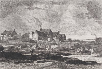 Landskap med en elv som renner til høyre og hus i bakgrunnen, 1845-75. av Xavier de Dananche