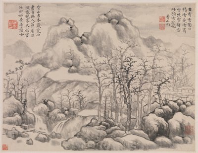 Snølandskap, fra album for Zhou Lianggong, datert til 1645–55 (dobbelt albumblad fra et samlet album med tolv malerier og motstående sider med kalligrafi; blekk på papir) av Xiang Yun