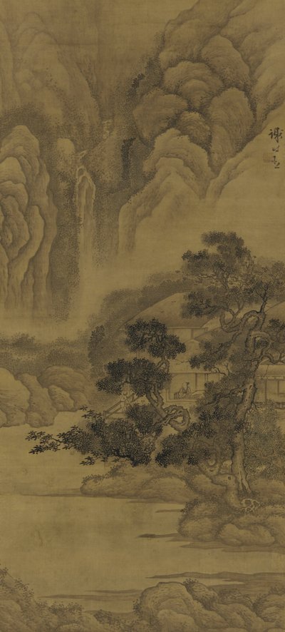 Lesing i en stråtak, Ming-dynastiet (blekk og farge på silke) av Xie Shichen