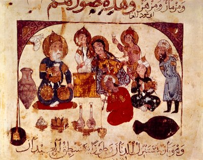 Abou-Zayd på tavernaen Hanah, miniatyr fra "Maqamat" (ordtak), ms. 3929, fol. 34v av Yahya ibn Mahmud Al Wasiti