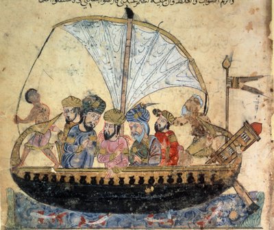 den borgerlige al-Harith (Al Harith), sønn av Hammam, og den vandrende navigatøren Abu-Zayd (Abu Zayd) på en båt som seiler på Eufrat-miniatyren fra «Maqamat» (Seanser) til Abu Mohammed al-Kasim ibn Ali Hariri (eller Al-Hariri eller Al Hariri) (1054-1122)  av Yahya ibn Mahmud Al Wasiti