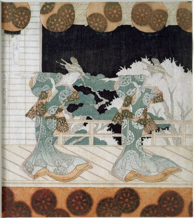 Dansere i tradisjonell drakt på en scene Japansk trykk "Surimono" av Yashima Gakutei (1786-1868) 1822 Privat samling av Yashima Gakutei